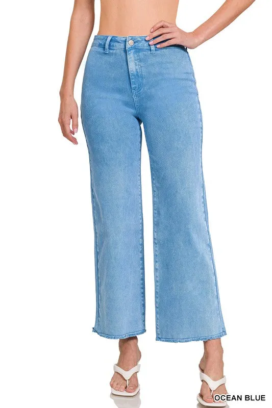 ACID WASHED FRAYED CUTOFF HEM STRAIGHT JEANS