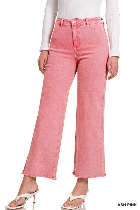 ACID WASHED FRAYED CUTOFF HEM STRAIGHT JEANS