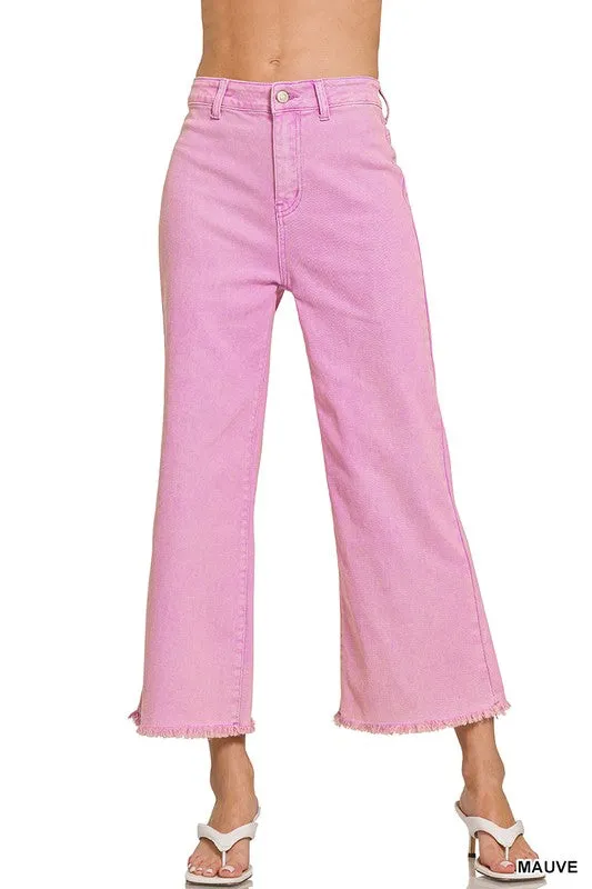 Acid Washed High Waist Frayed Hem Straight Pants