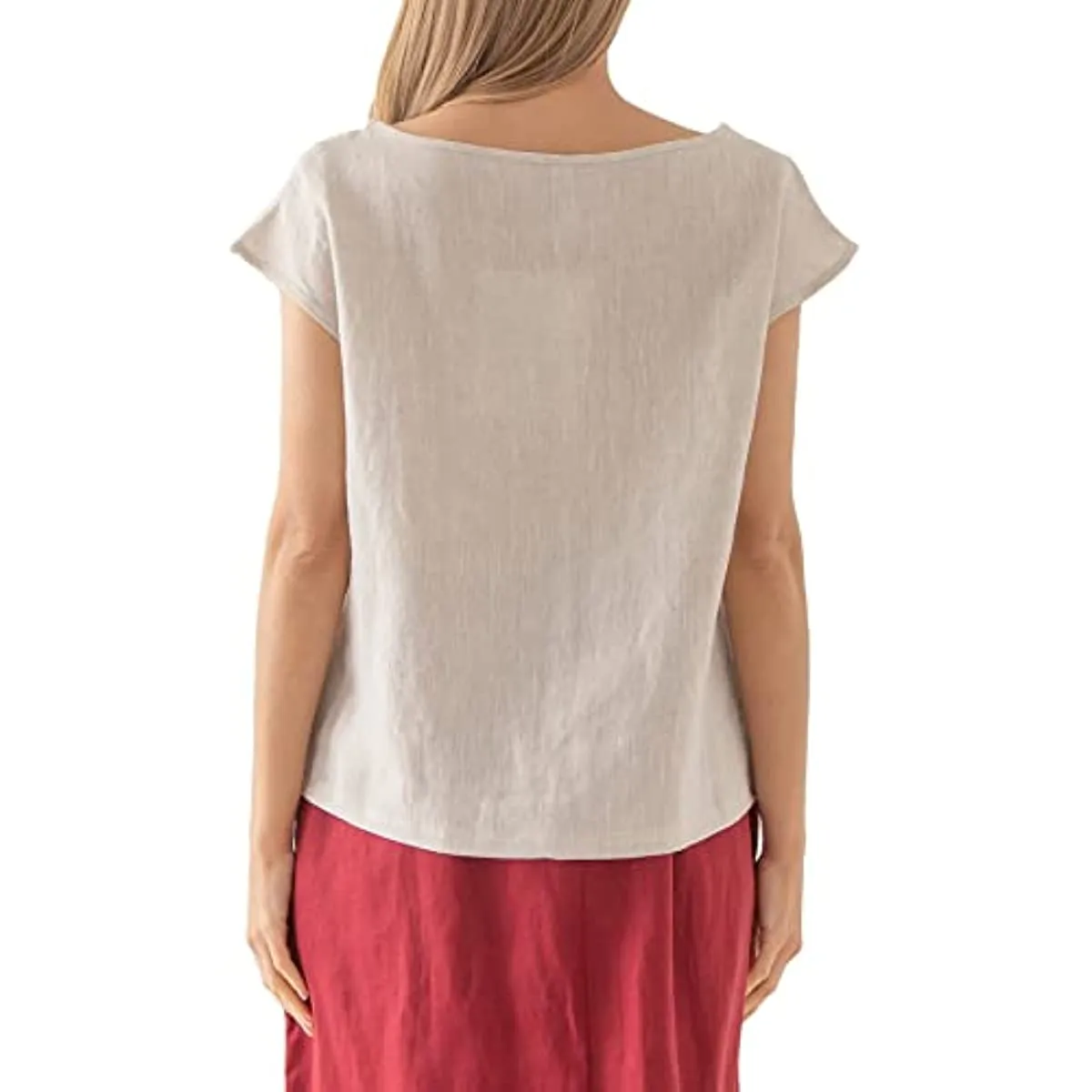 Amazhiyu Womens Pure Linen Casual Cap Sleeve Tops
