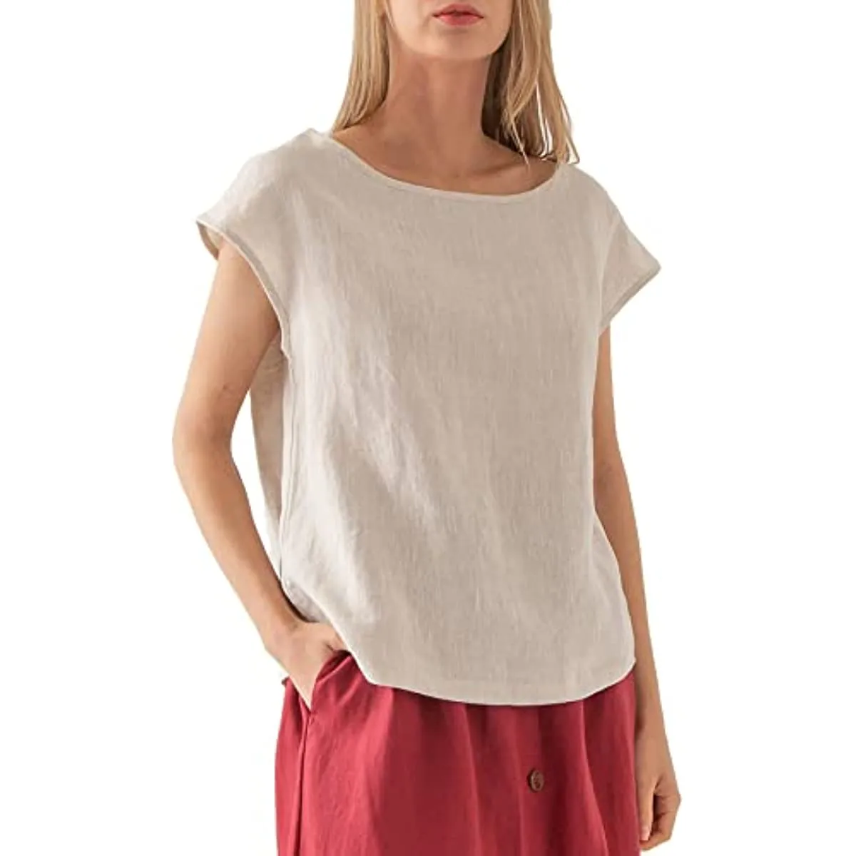 Amazhiyu Womens Pure Linen Casual Cap Sleeve Tops
