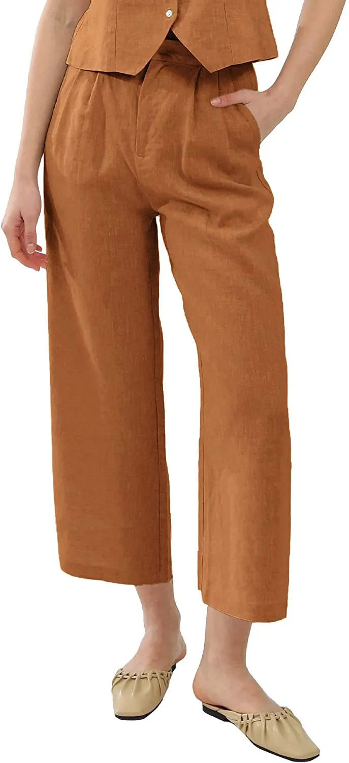 Amazhiyu Womens Pure Linen Pleated Front Ankle Pants