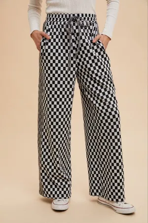 Black Drawstring Checkered Wide Leg Pants