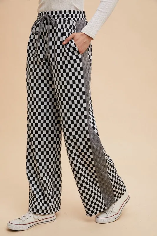 Black Drawstring Checkered Wide Leg Pants