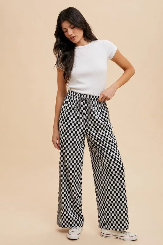 Black Drawstring Checkered Wide Leg Pants