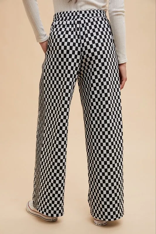 Black Drawstring Checkered Wide Leg Pants