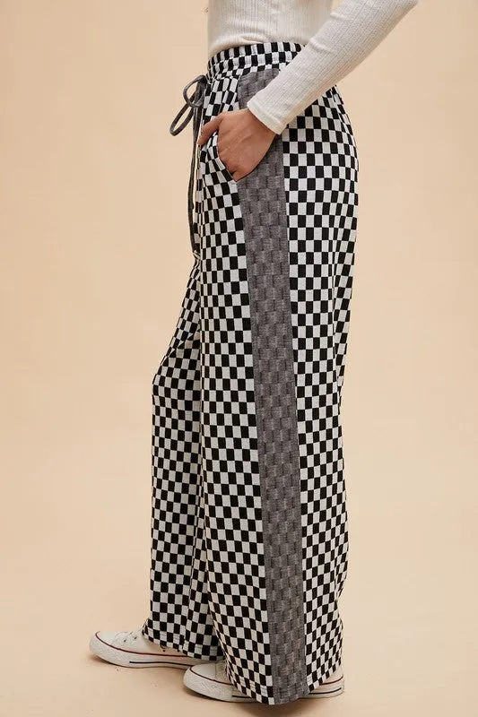 Black Drawstring Checkered Wide Leg Pants