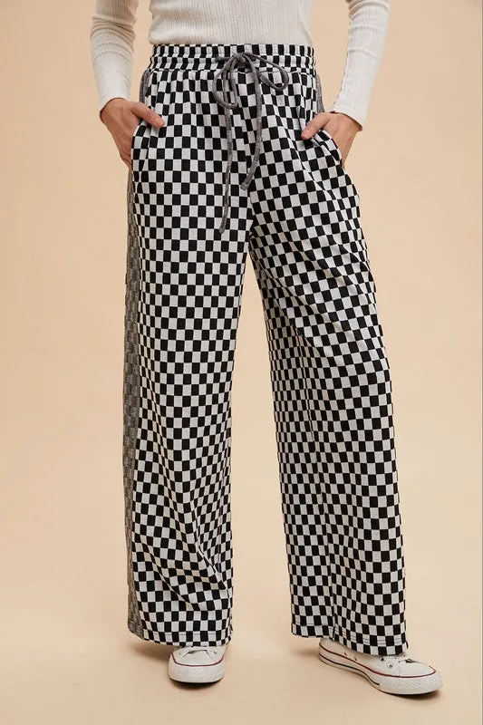 Black Drawstring Checkered Wide Leg Pants
