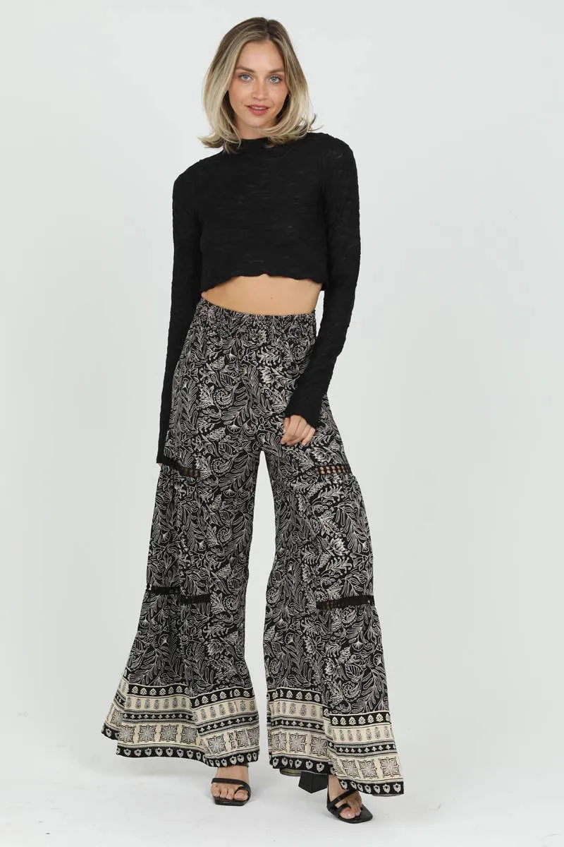 Black Ivory Wide leg Flare Lace Inset Pants