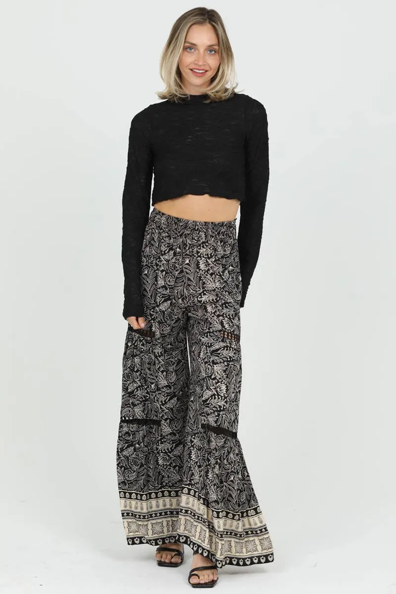 Black Ivory Wide leg Flare Lace Inset Pants