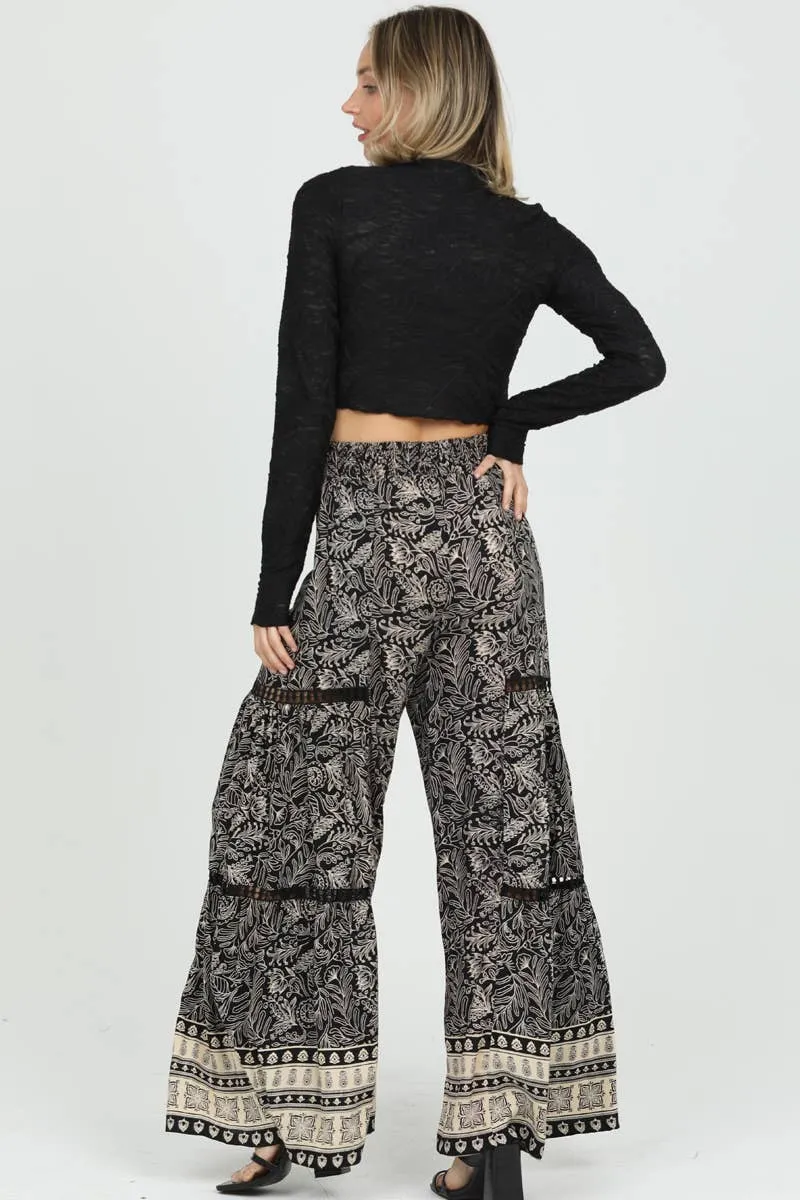 Black Ivory Wide leg Flare Lace Inset Pants