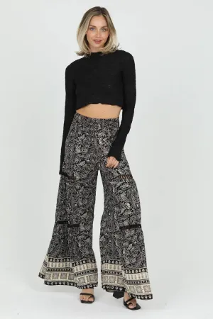Black Ivory Wide leg Flare Lace Inset Pants