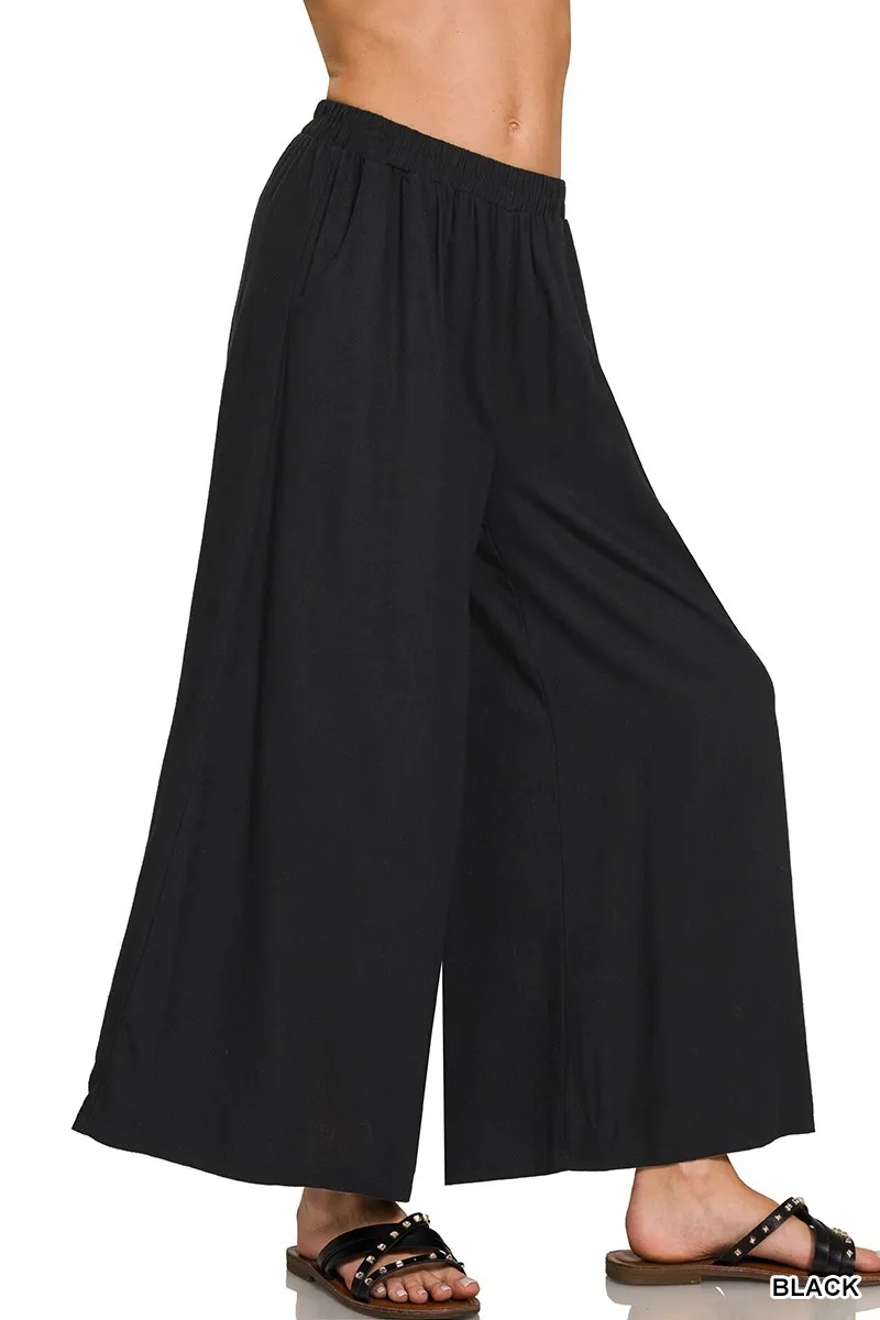 BLACK LINEN BLEND WIDE LEG PANTS / STUFFOLOGY BOUTIQUE