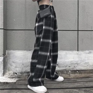 BLACK RETRO PLAID WIDE LEG PANTS UB3277