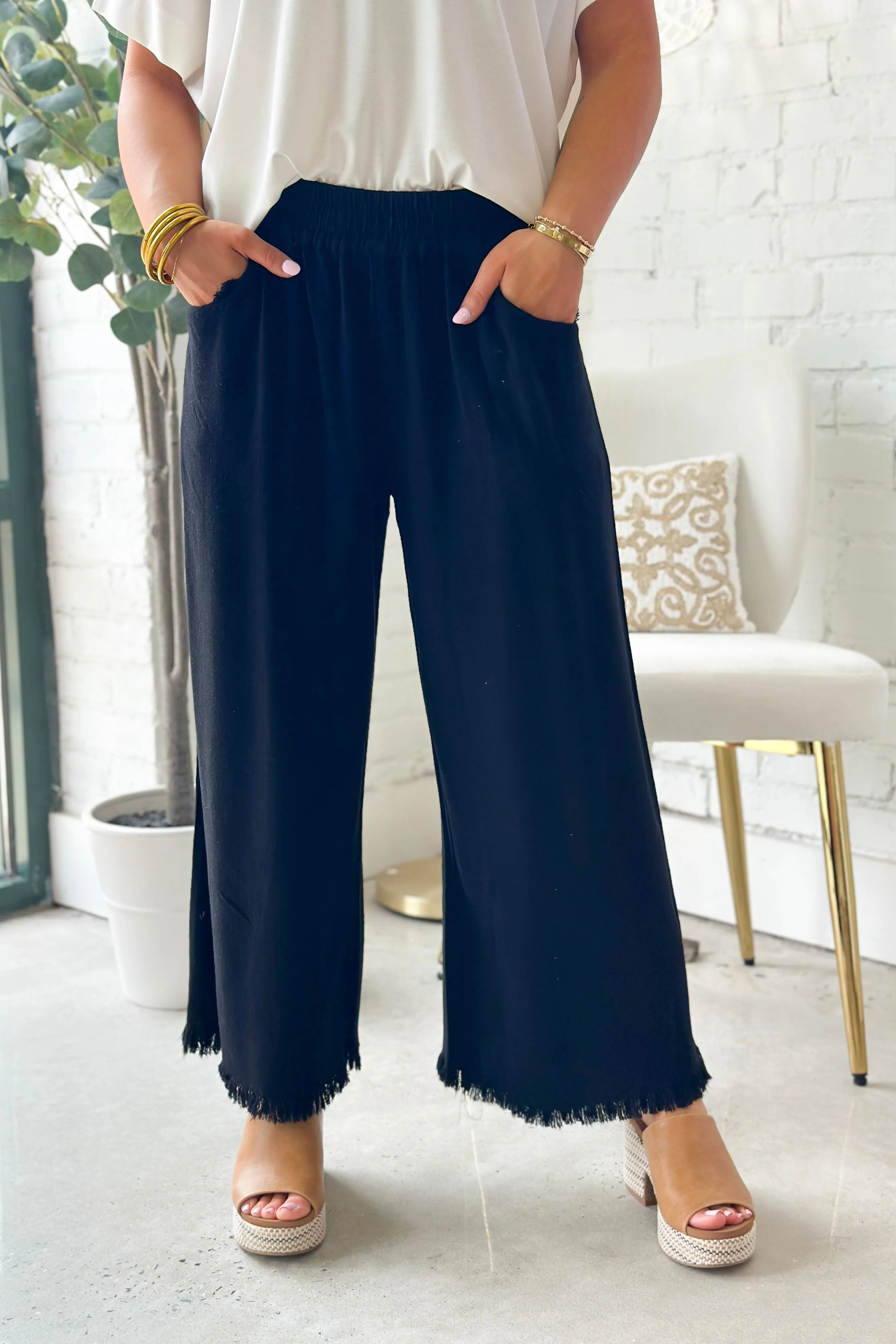 Black Wide Leg Elastic Frayed Pants