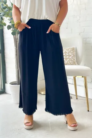 Black Wide Leg Elastic Frayed Pants