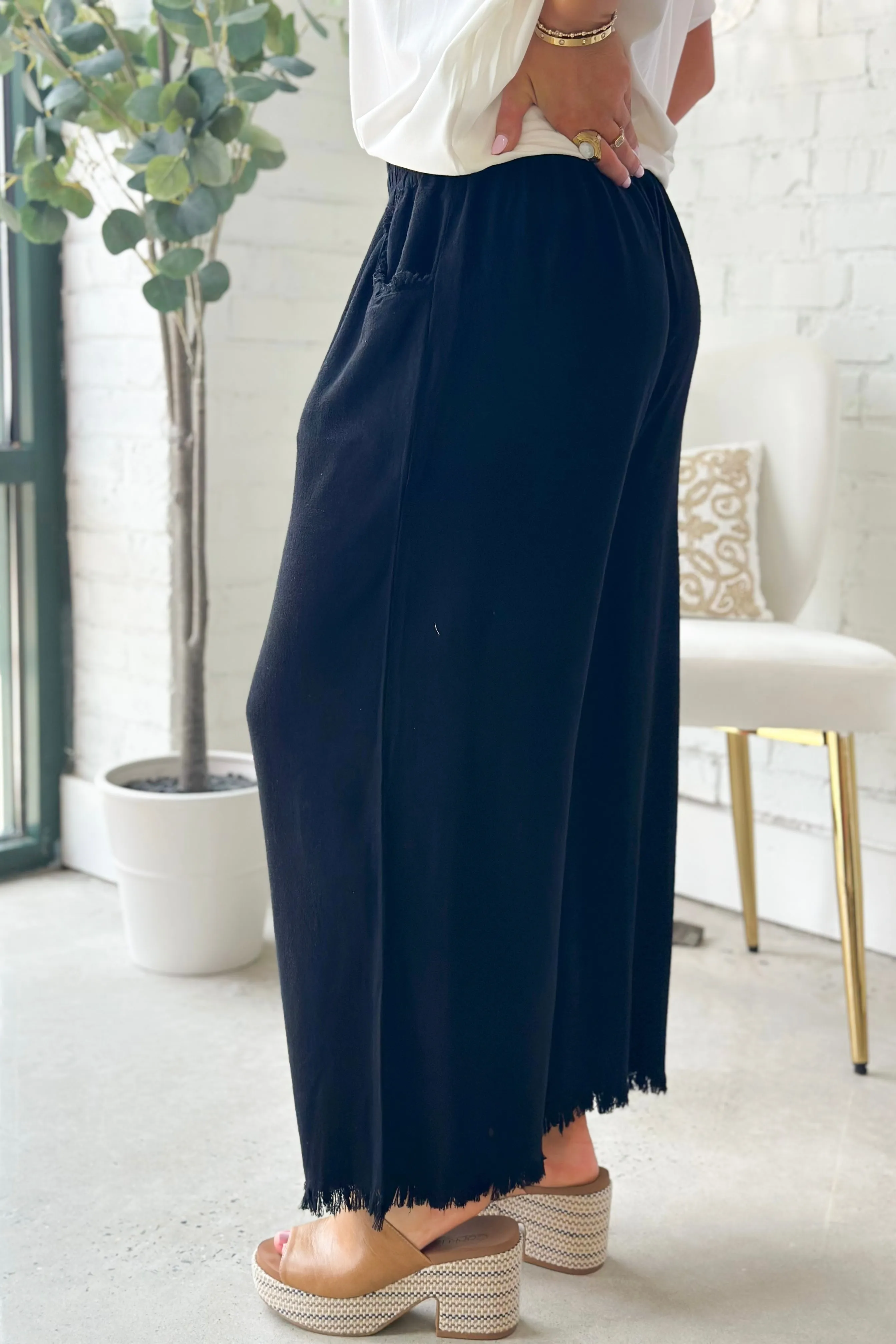 Black Wide Leg Elastic Frayed Pants