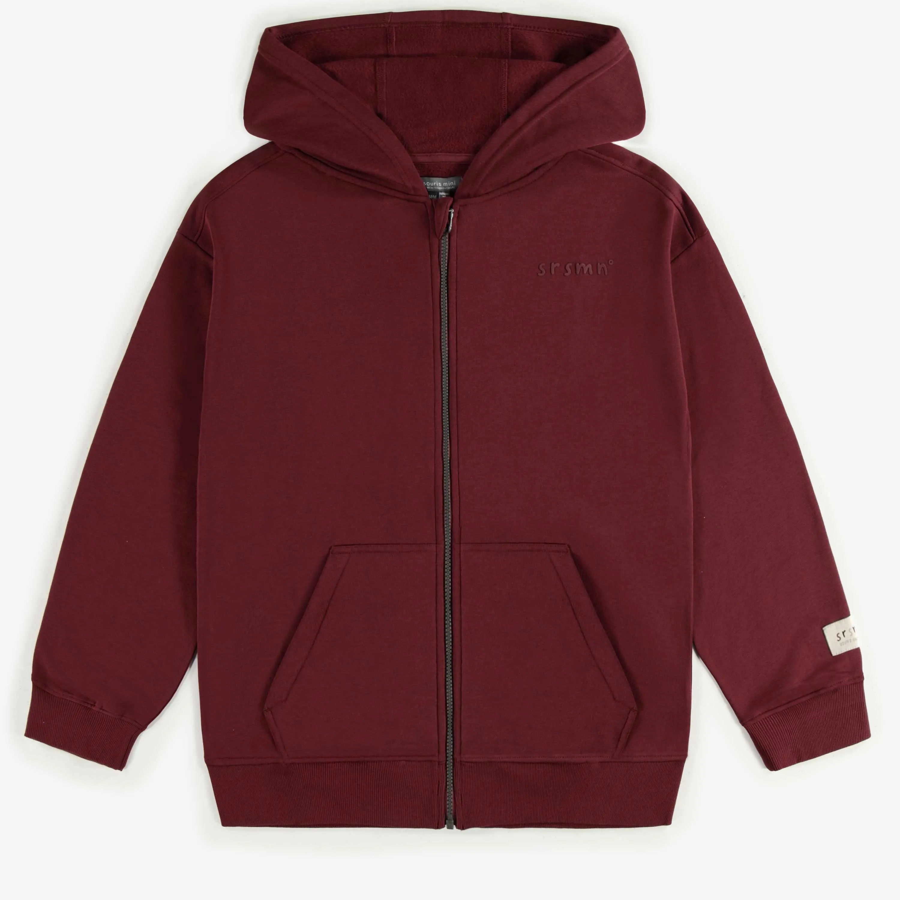 Chandail à capuchon et fermeture éclair bourgogne en coton ouaté, adulte || Burgundy hoodie with a zipper in cotton, adult