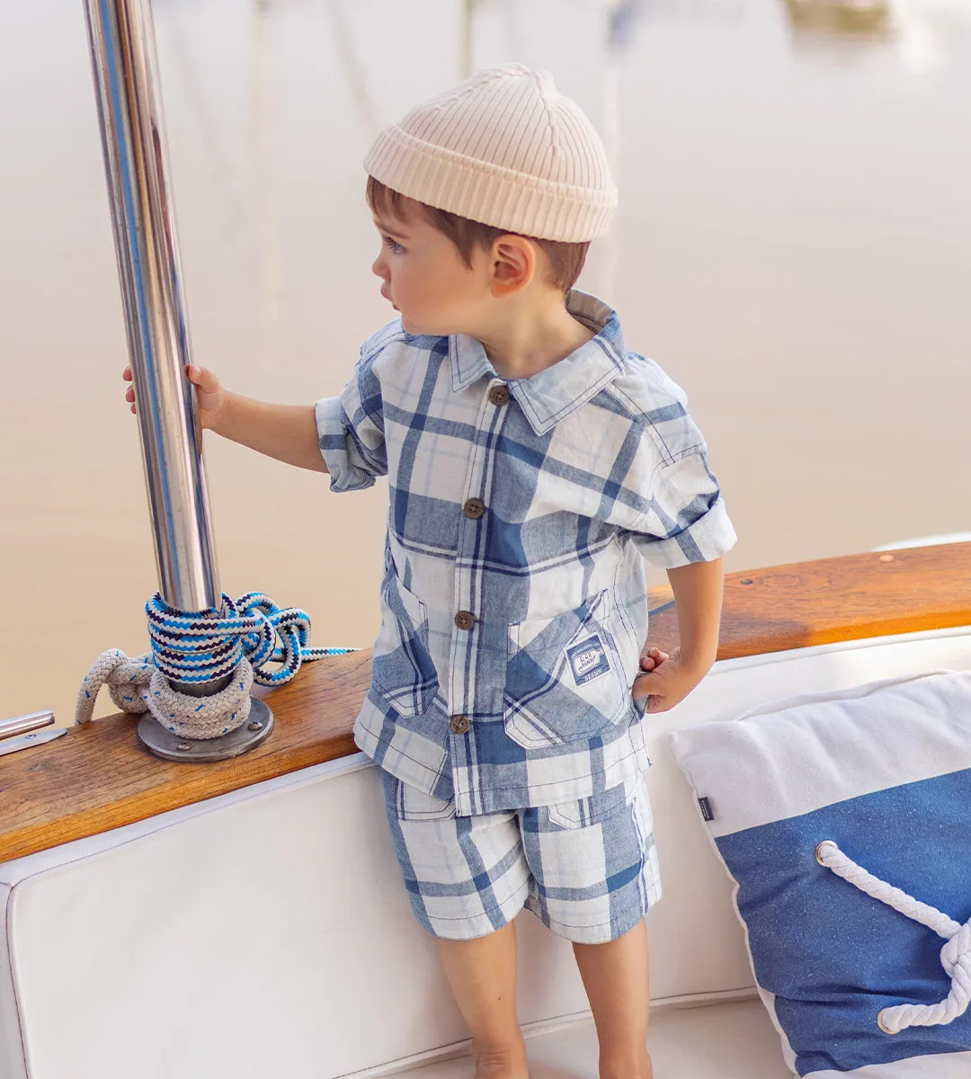 Chemise bleue et crème à carreaux, bébé || Blue and cream plaid shirt, baby