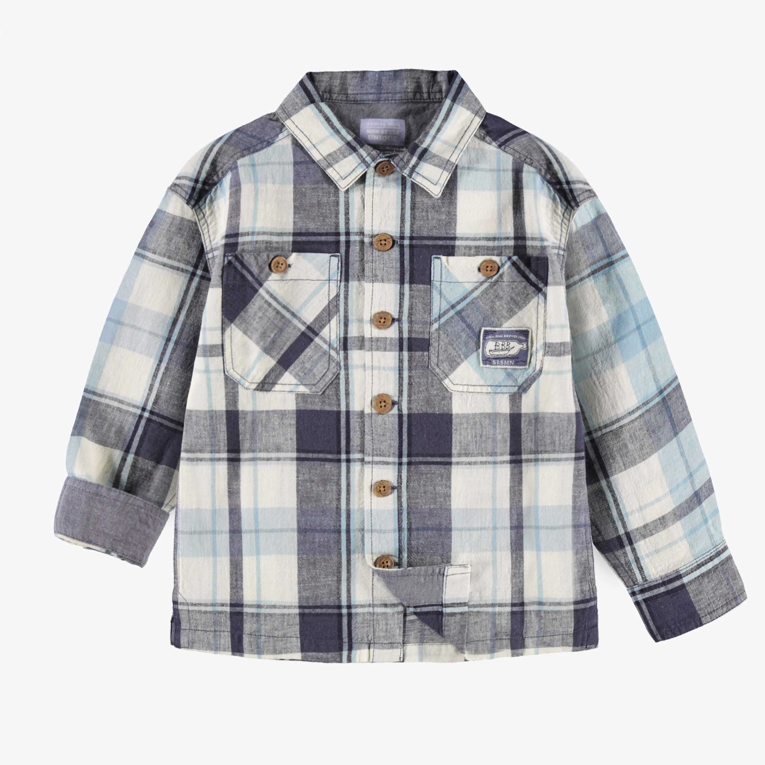 Chemise bleue et crème à carreaux, enfant || Blue and cream plaid shirt, child