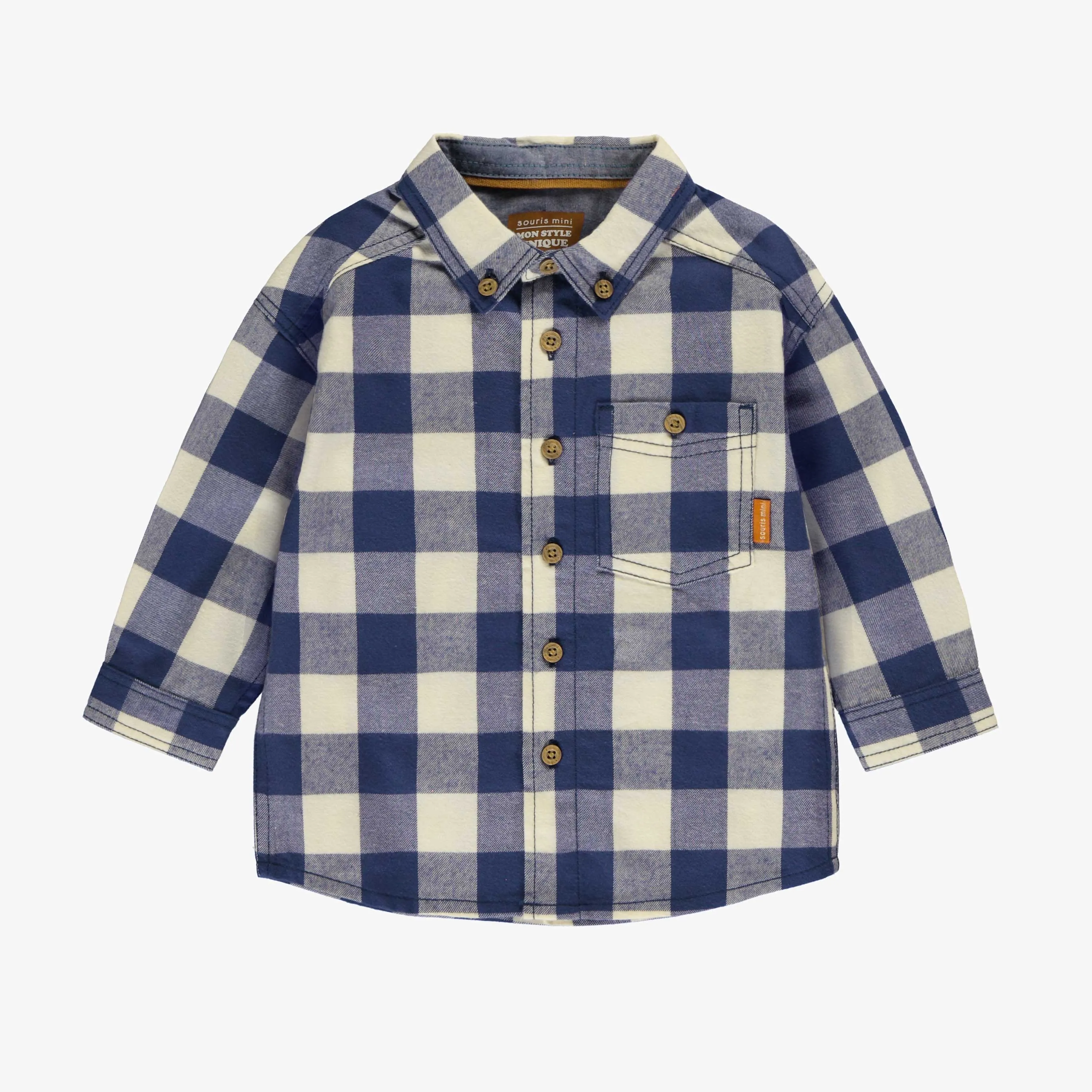 Chemise à carreaux bleu acier et crème en douce flanelle, bébé || Steel blue and cream plaid shirt in soft flannel, baby