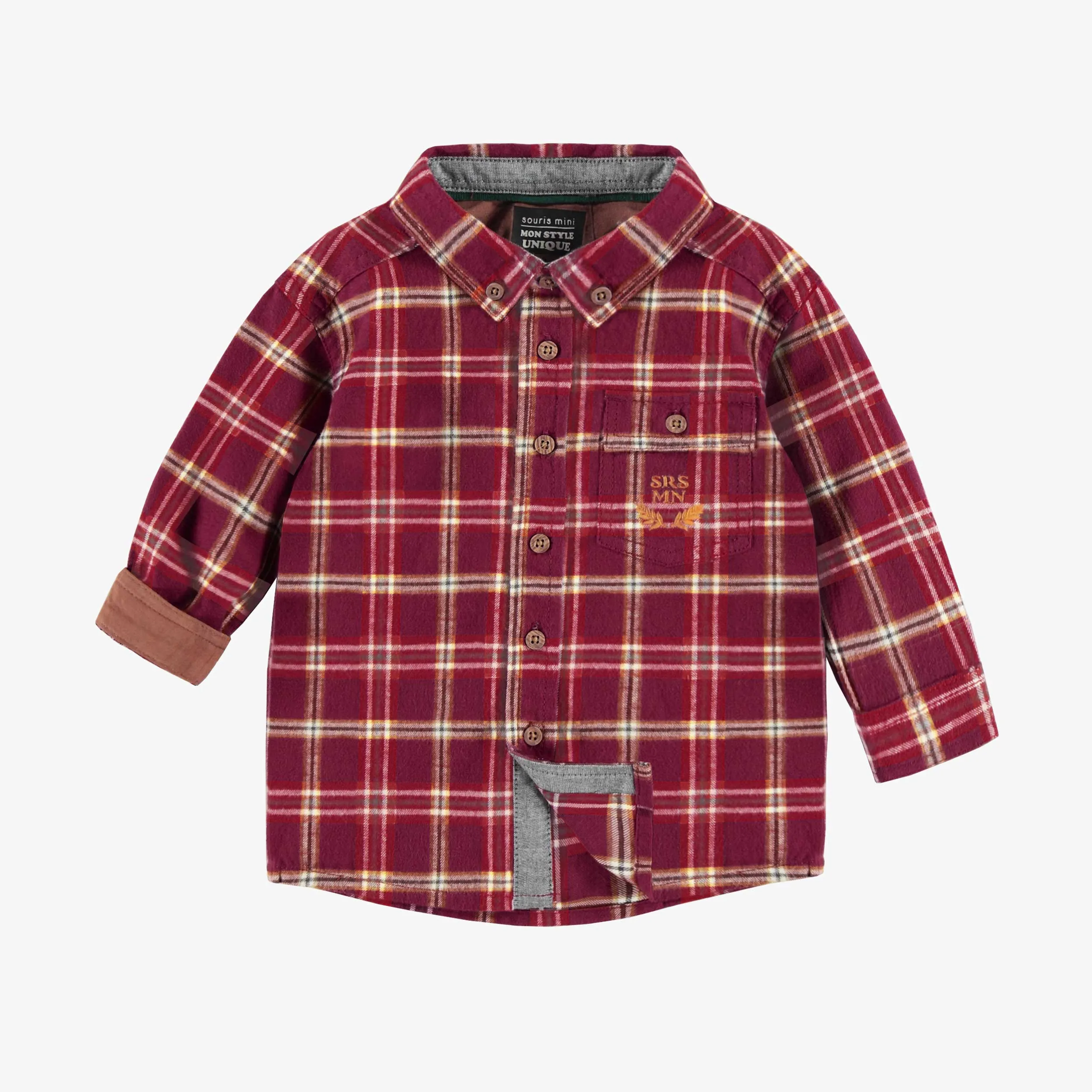 Chemise rouge et blanche à carreaux en flanelle brossée, bébé || Red and white brushed flannel plaid shirt, baby