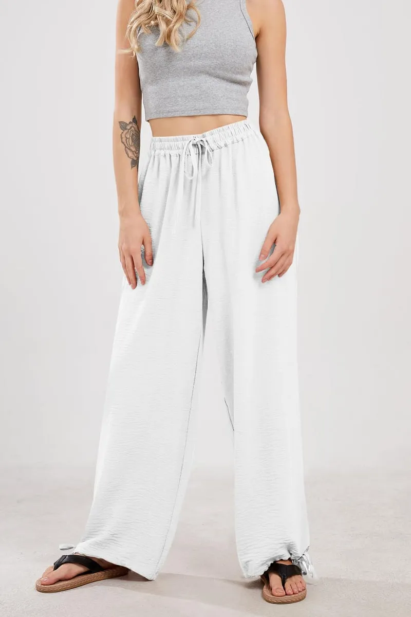 Chouyatou Wide Leg Linen Pants for Women Casual Loose Fit High Waisted Pants with Drawstrings