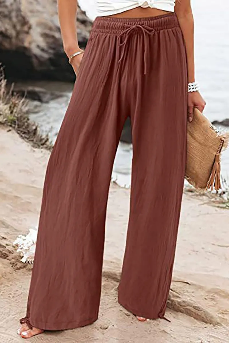 Chouyatou Wide Leg Linen Pants for Women Casual Loose Fit High Waisted Pants with Drawstrings
