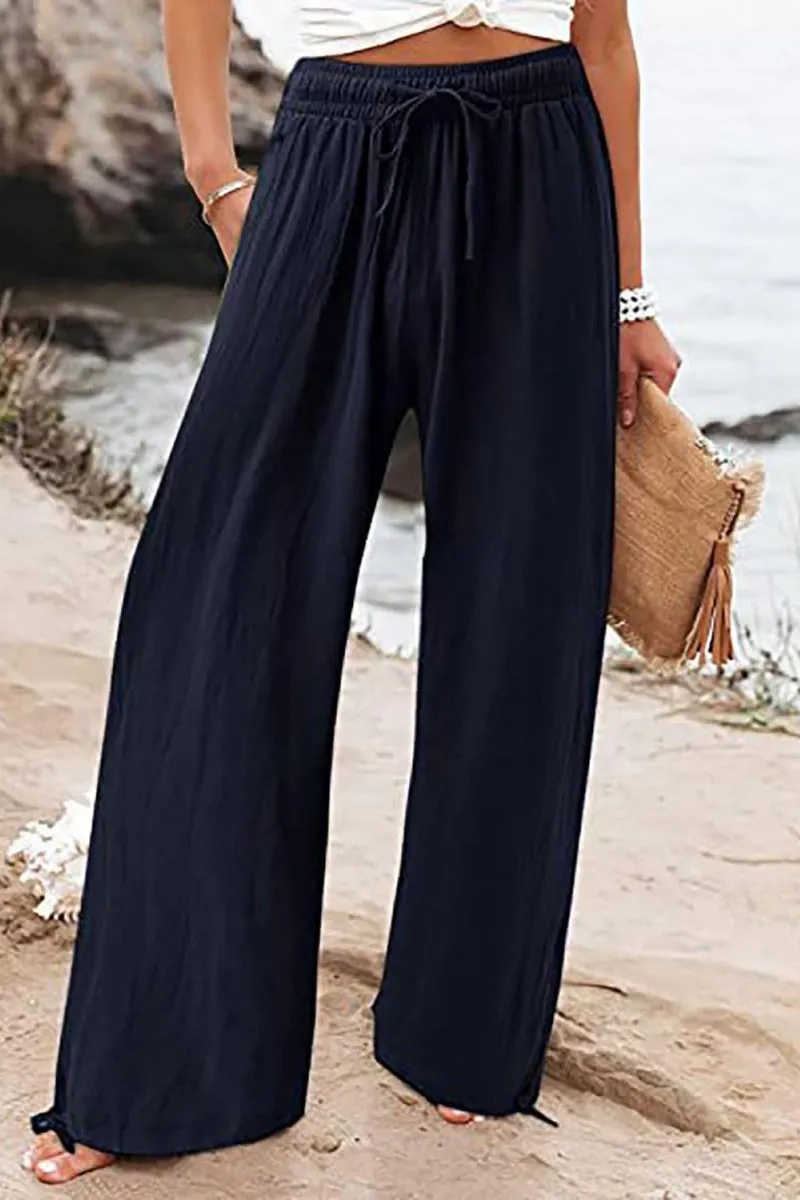 Chouyatou Wide Leg Linen Pants for Women Casual Loose Fit High Waisted Pants with Drawstrings