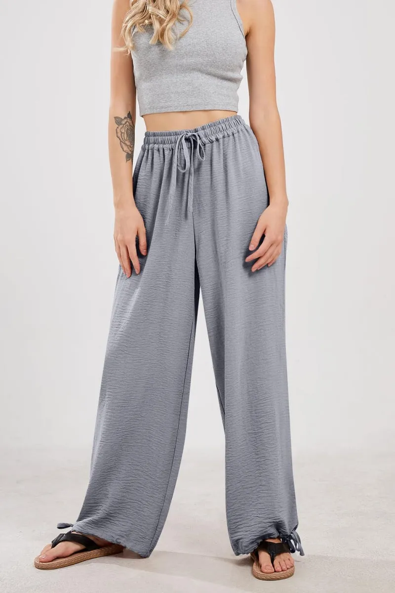 Chouyatou Wide Leg Linen Pants for Women Casual Loose Fit High Waisted Pants with Drawstrings