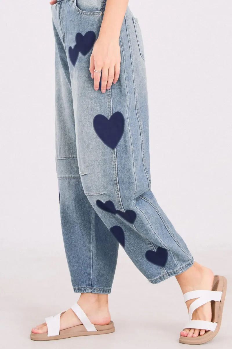 Chouyatou Y2k Barrel Jeans Women Wide Leg Jeans Baggy Distressed Printed Boyfriend Horseshoe Jeans Denim Pants