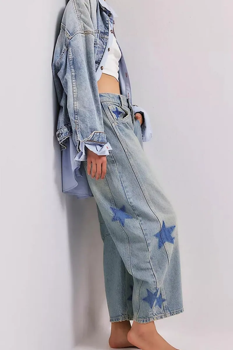 Chouyatou Y2k Barrel Jeans Women Wide Leg Jeans Baggy Distressed Printed Boyfriend Horseshoe Jeans Denim Pants