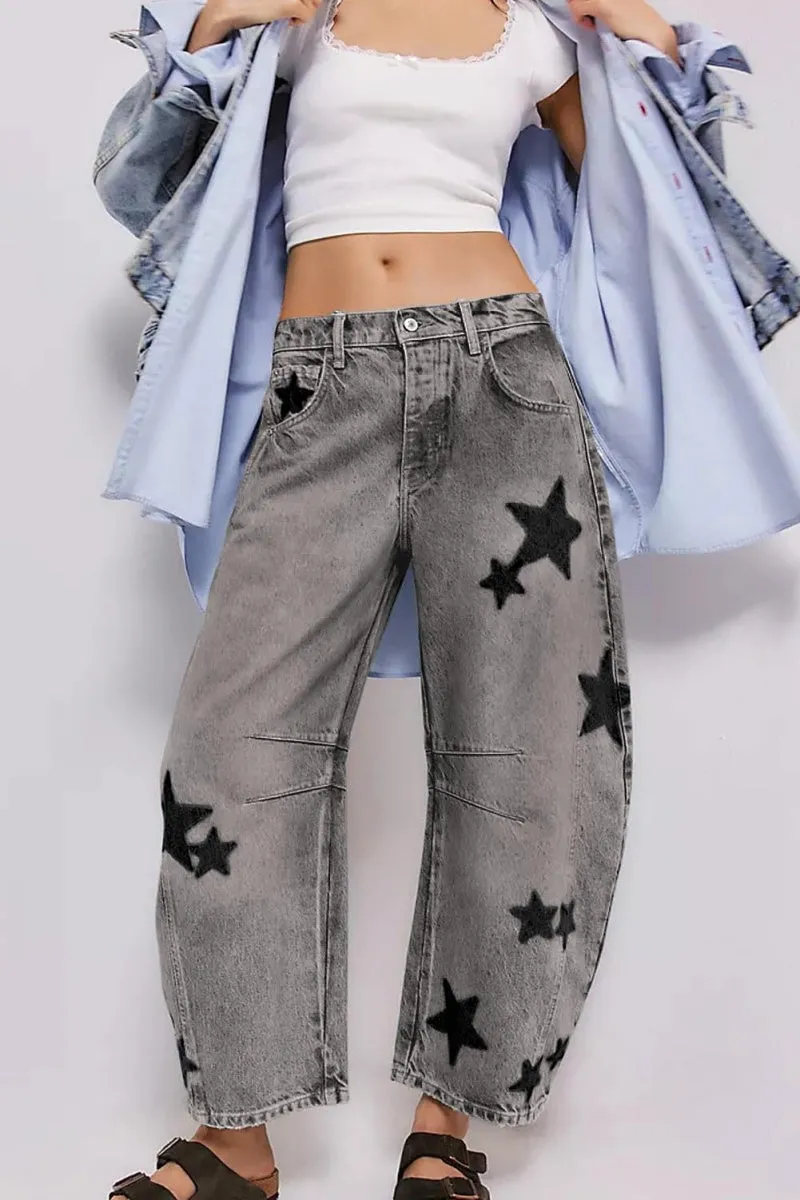 Chouyatou Y2k Barrel Jeans Women Wide Leg Jeans Baggy Distressed Printed Boyfriend Horseshoe Jeans Denim Pants