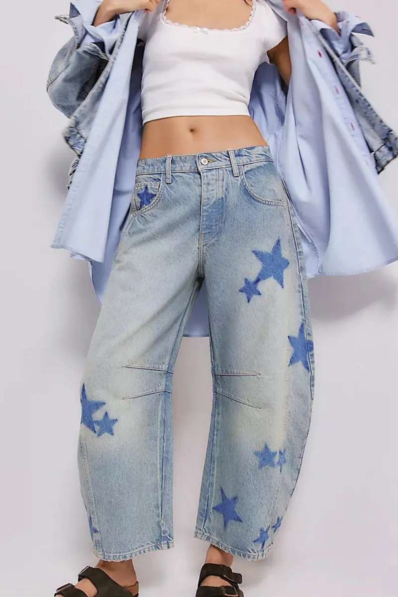 Chouyatou Y2k Barrel Jeans Women Wide Leg Jeans Baggy Distressed Printed Boyfriend Horseshoe Jeans Denim Pants