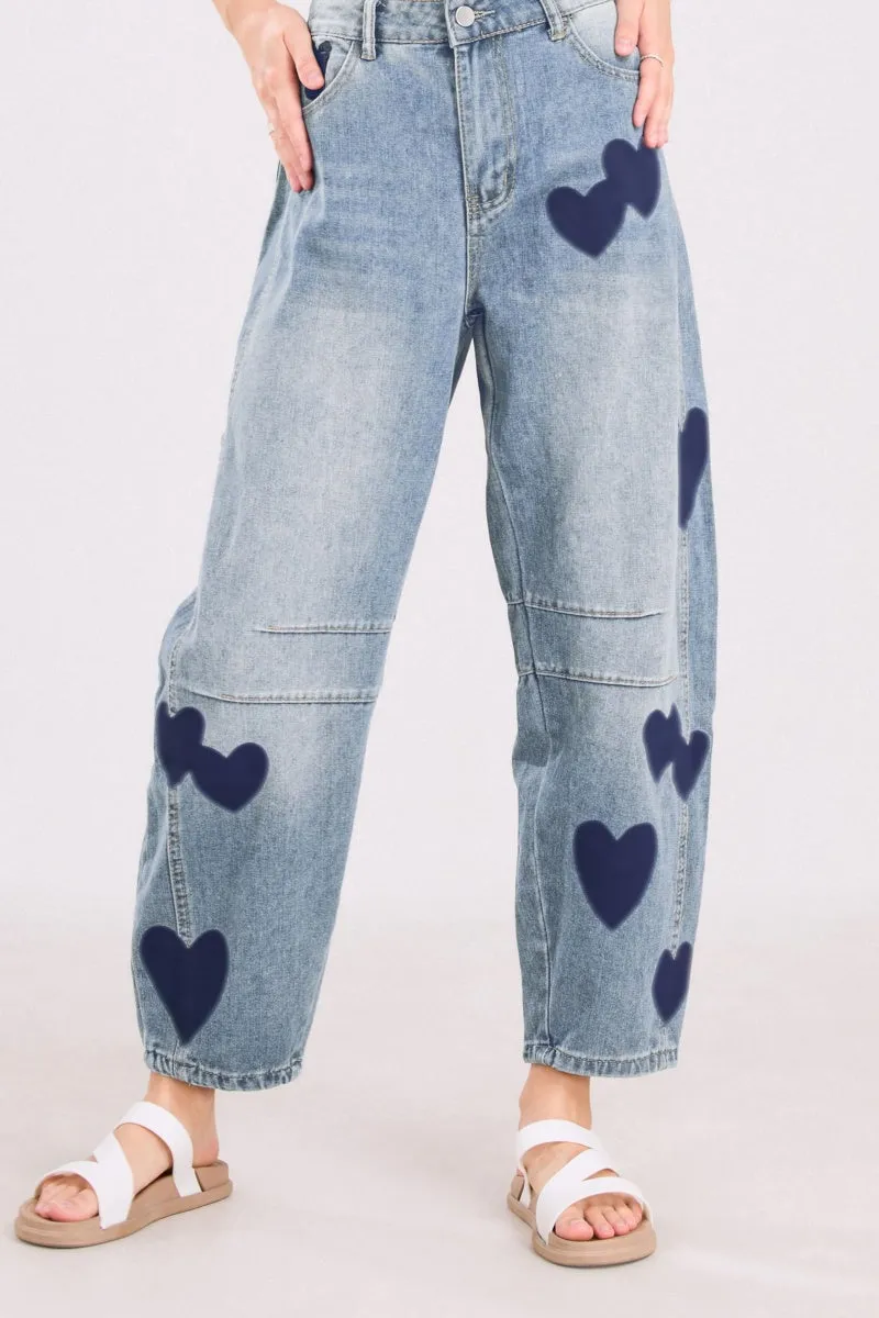 Chouyatou Y2k Barrel Jeans Women Wide Leg Jeans Baggy Distressed Printed Boyfriend Horseshoe Jeans Denim Pants