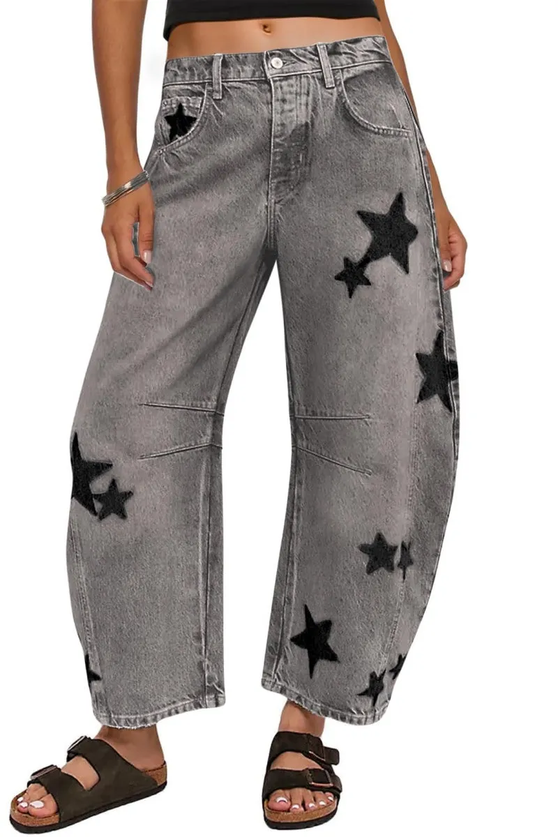 Chouyatou Y2k Barrel Jeans Women Wide Leg Jeans Baggy Distressed Printed Boyfriend Horseshoe Jeans Denim Pants