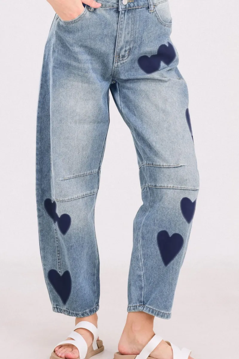Chouyatou Y2k Barrel Jeans Women Wide Leg Jeans Baggy Distressed Printed Boyfriend Horseshoe Jeans Denim Pants