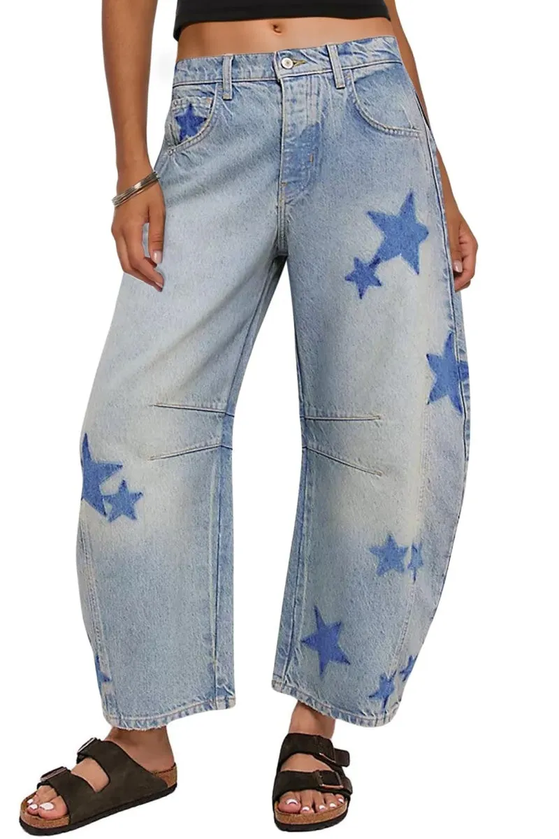 Chouyatou Y2k Barrel Jeans Women Wide Leg Jeans Baggy Distressed Printed Boyfriend Horseshoe Jeans Denim Pants