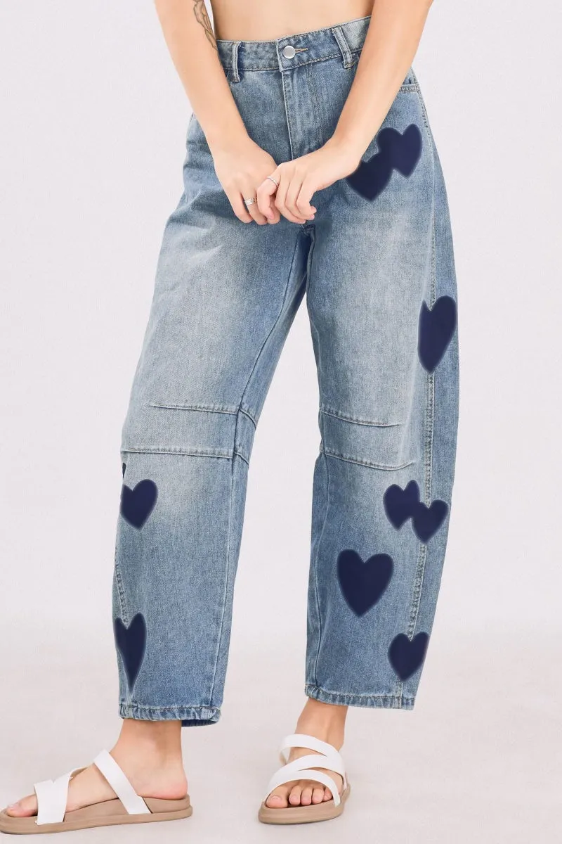 Chouyatou Y2k Barrel Jeans Women Wide Leg Jeans Baggy Distressed Printed Boyfriend Horseshoe Jeans Denim Pants