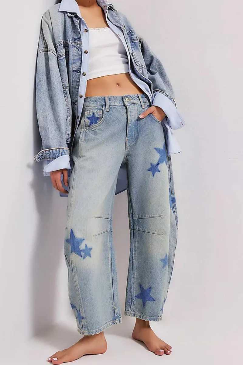 Chouyatou Y2k Barrel Jeans Women Wide Leg Jeans Baggy Distressed Printed Boyfriend Horseshoe Jeans Denim Pants