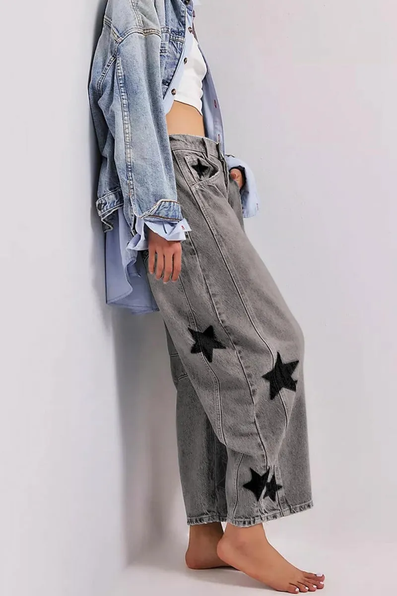 Chouyatou Y2k Barrel Jeans Women Wide Leg Jeans Baggy Distressed Printed Boyfriend Horseshoe Jeans Denim Pants