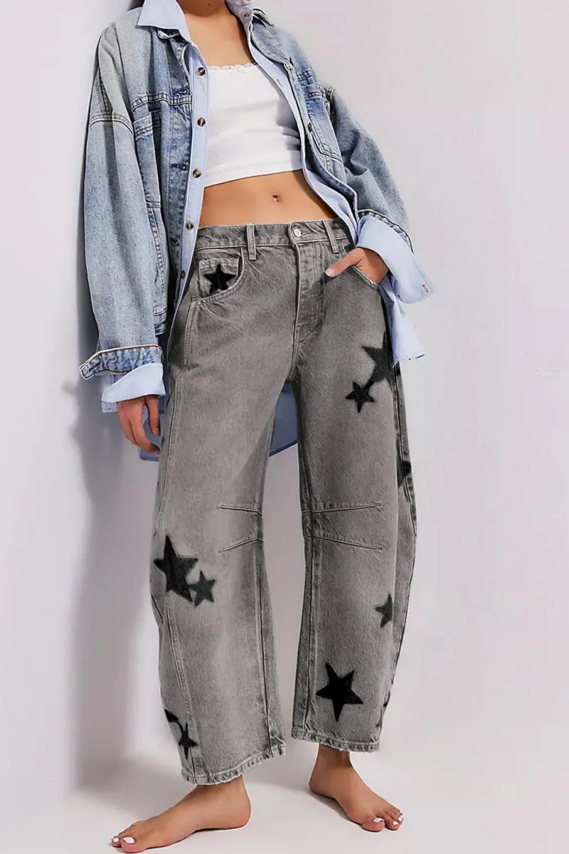 Chouyatou Y2k Barrel Jeans Women Wide Leg Jeans Baggy Distressed Printed Boyfriend Horseshoe Jeans Denim Pants