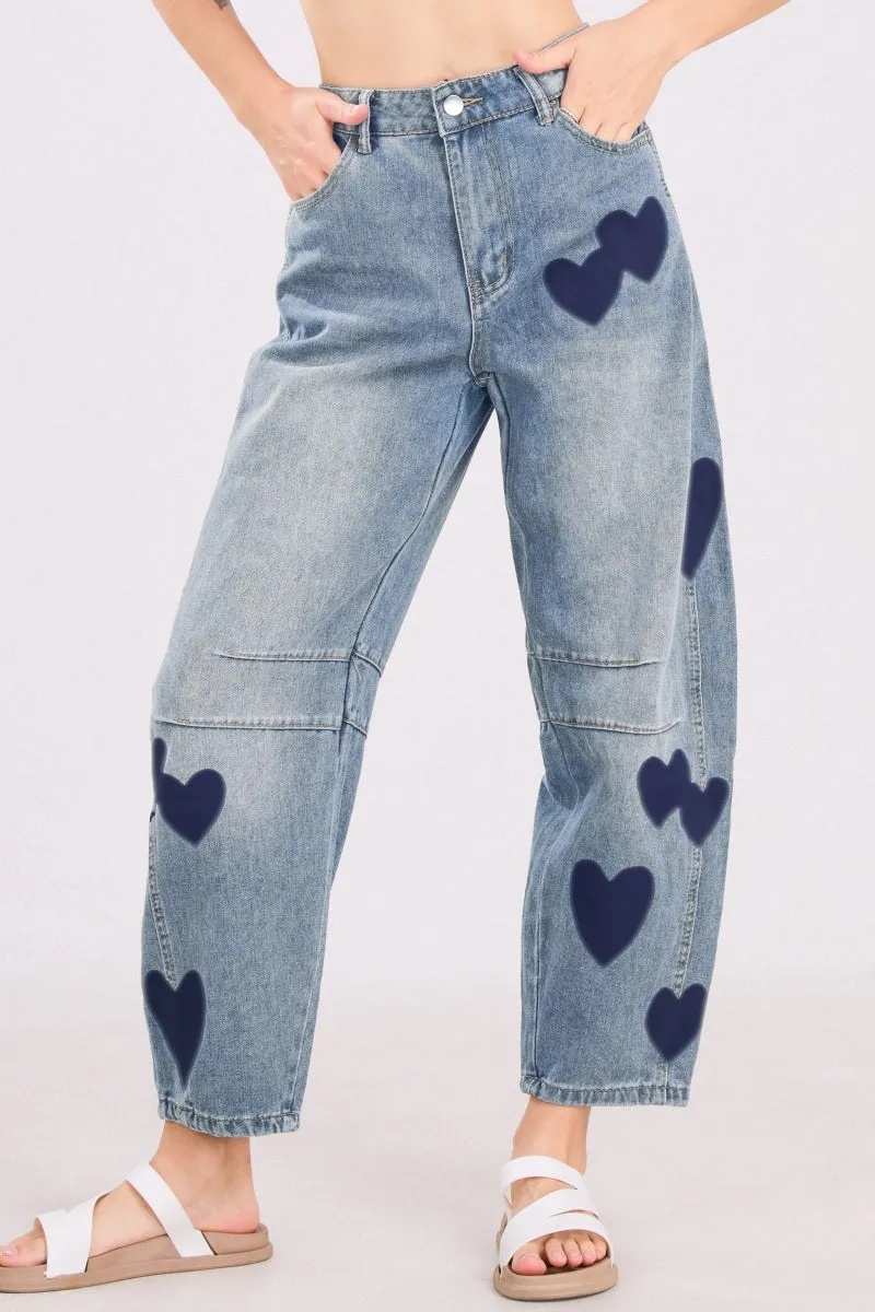 Chouyatou Y2k Barrel Jeans Women Wide Leg Jeans Baggy Distressed Printed Boyfriend Horseshoe Jeans Denim Pants