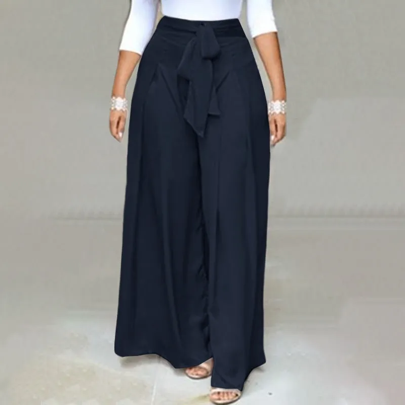 CityHottie - Elegant High Waist Solid Work Trousers Fashion Summer Women Loose Wide Leg Pants Palazzo Oversized Bow Tie Long Pantalon