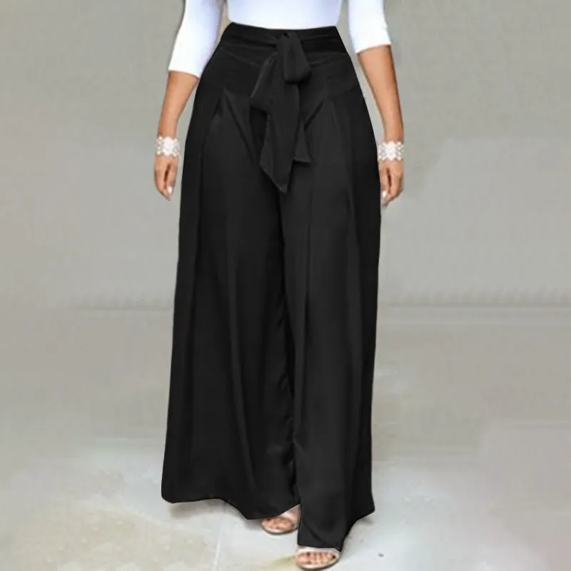 CityHottie - Elegant High Waist Solid Work Trousers Fashion Summer Women Loose Wide Leg Pants Palazzo Oversized Bow Tie Long Pantalon