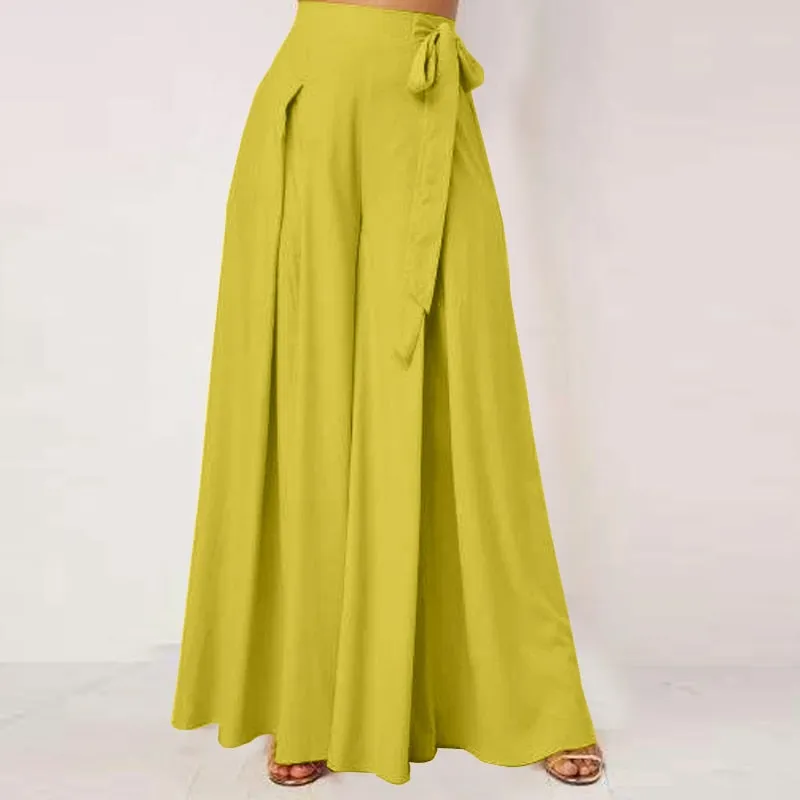 CityHottie - Elegant High Waist Solid Work Trousers Fashion Summer Women Loose Wide Leg Pants Palazzo Oversized Bow Tie Long Pantalon