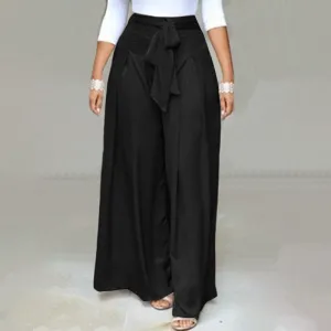 CityHottie - Elegant High Waist Solid Work Trousers Fashion Summer Women Loose Wide Leg Pants Palazzo Oversized Bow Tie Long Pantalon