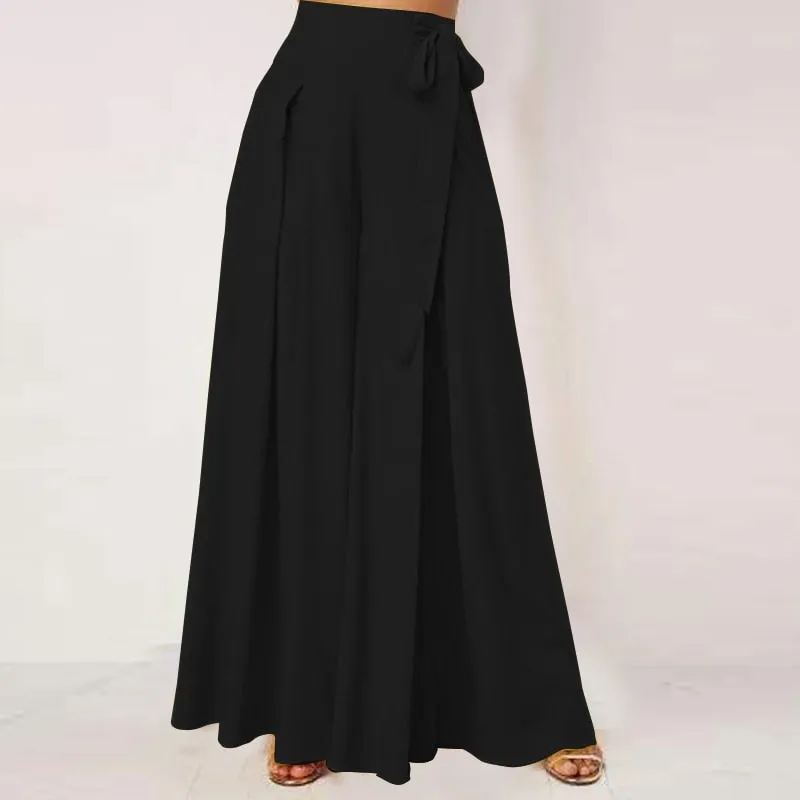 CityHottie - Elegant High Waist Solid Work Trousers Fashion Summer Women Loose Wide Leg Pants Palazzo Oversized Bow Tie Long Pantalon