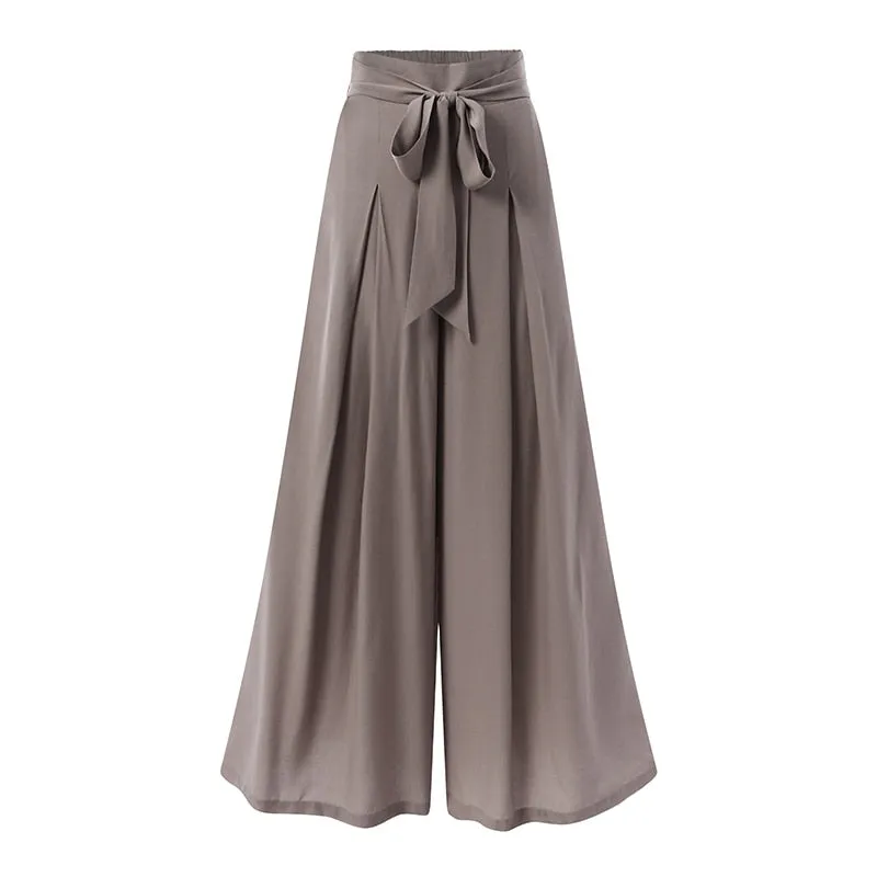 CityHottie - Elegant High Waist Solid Work Trousers Fashion Summer Women Loose Wide Leg Pants Palazzo Oversized Bow Tie Long Pantalon