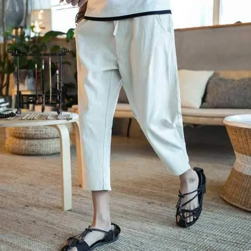Cotton Linen Calf Length Casual Pants